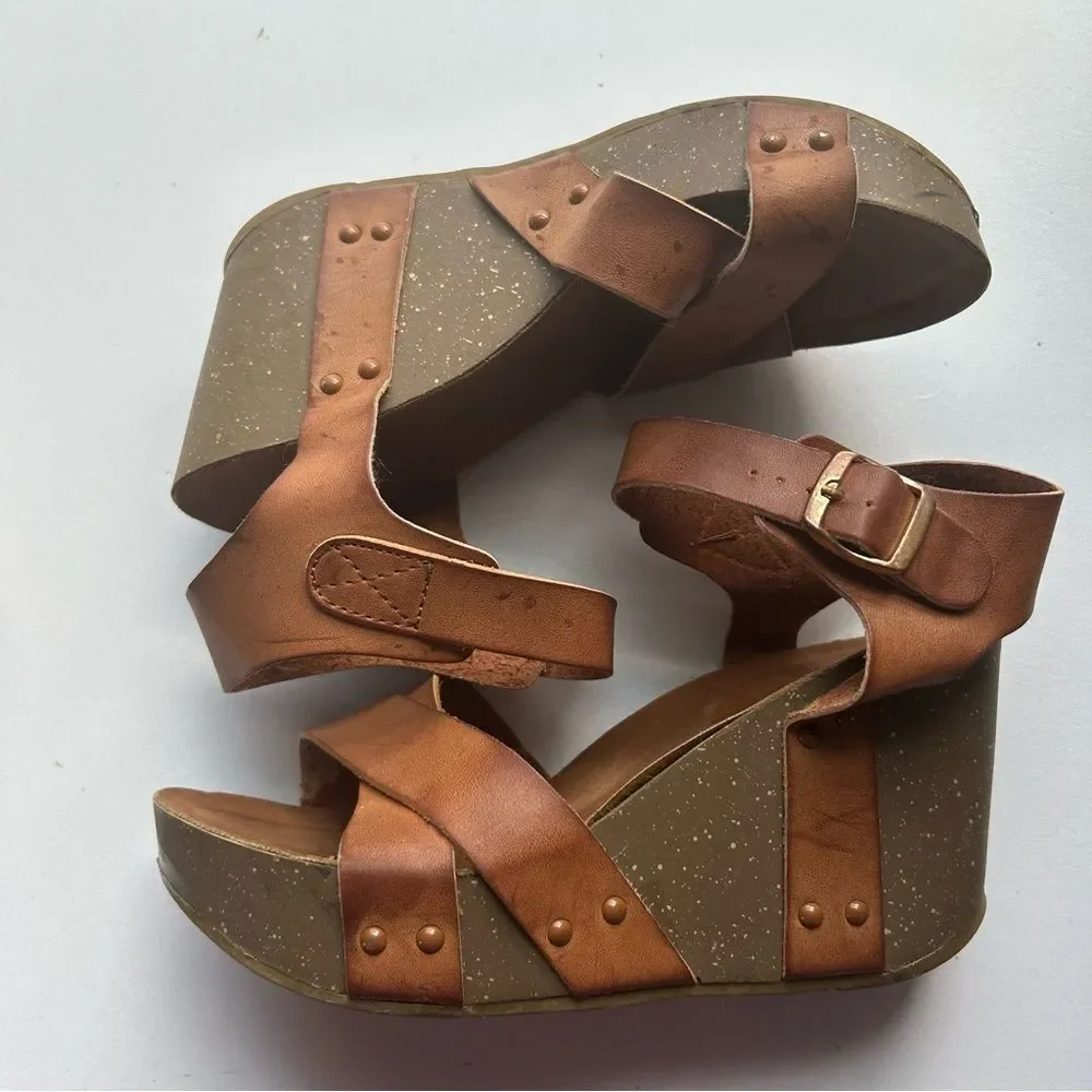 Women's Tan Brown Leather Wedge Sandals